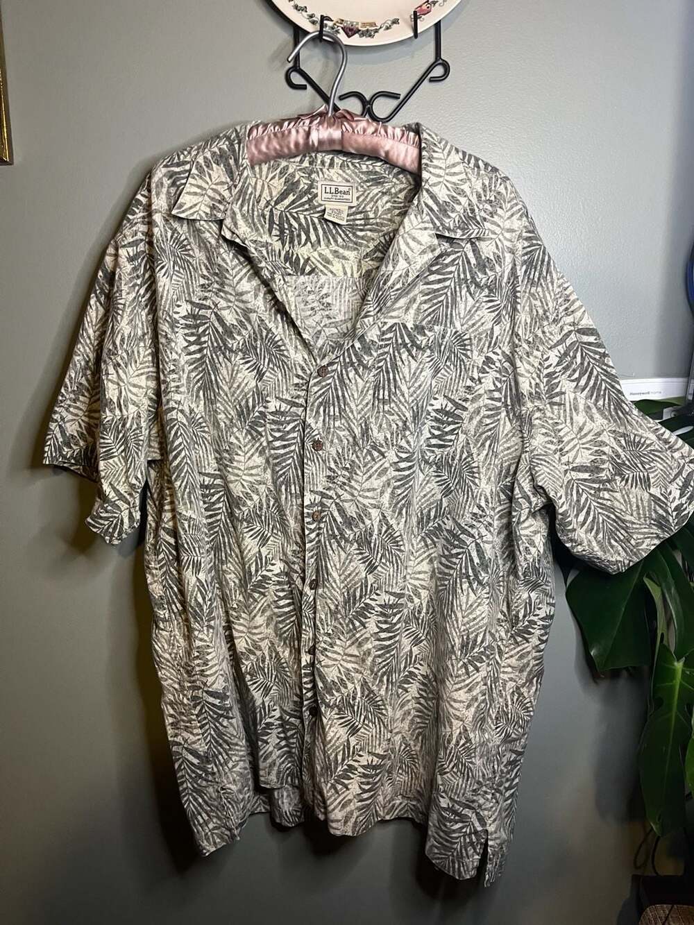 LL Bean Mens XXL Tropics Short Sleeve Hawaiian Leaves Button Down Shirt